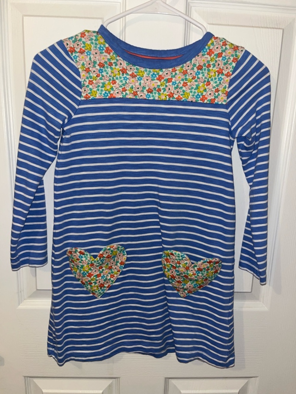 Mini Boden Blue and White Striped Floral Heart Pocket Dress